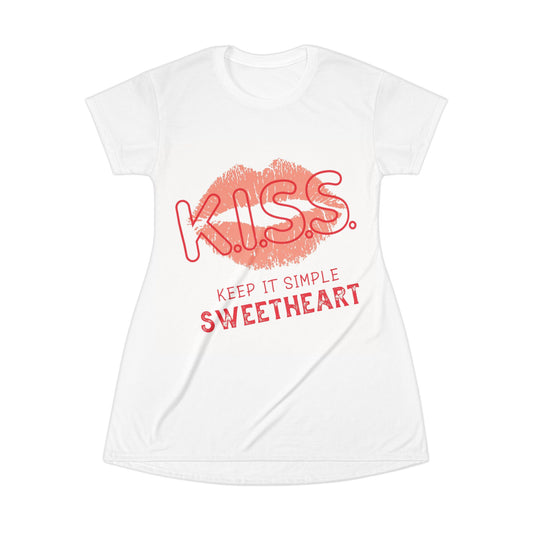 Kiss Lip Print T-Shirt Dress — "K.I.S.S. Keep It Simple Sweetheart" Graphic