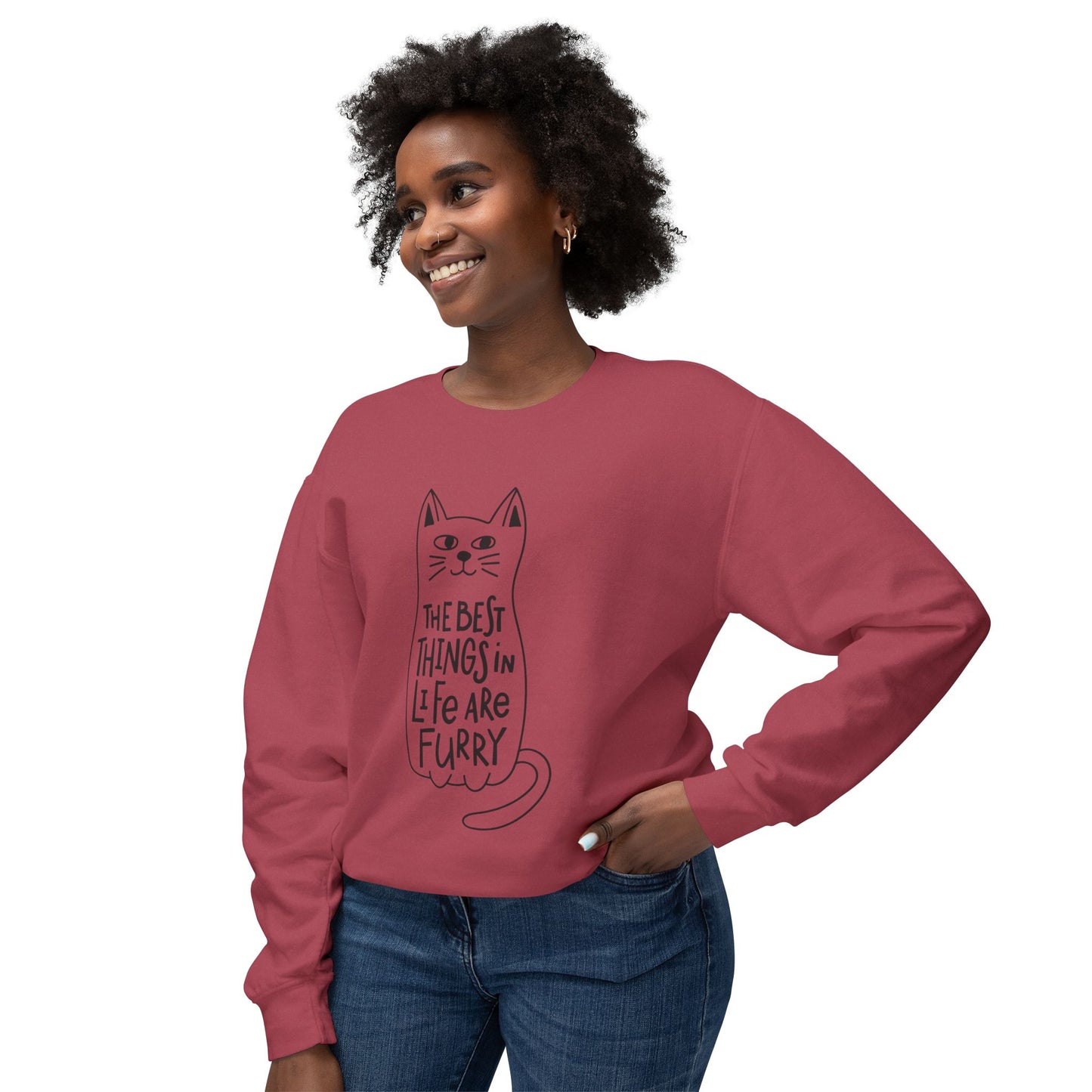 Cat Lover Crewneck Sweatshirt — "The Best Things in Life Are Furry" Graphic