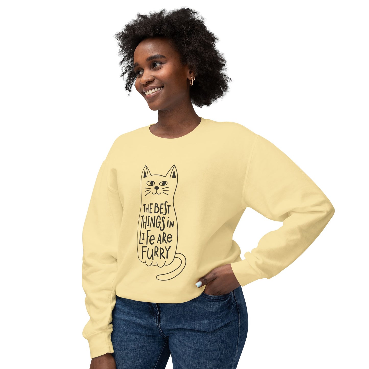 Cat Lover Crewneck Sweatshirt — "The Best Things in Life Are Furry" Graphic