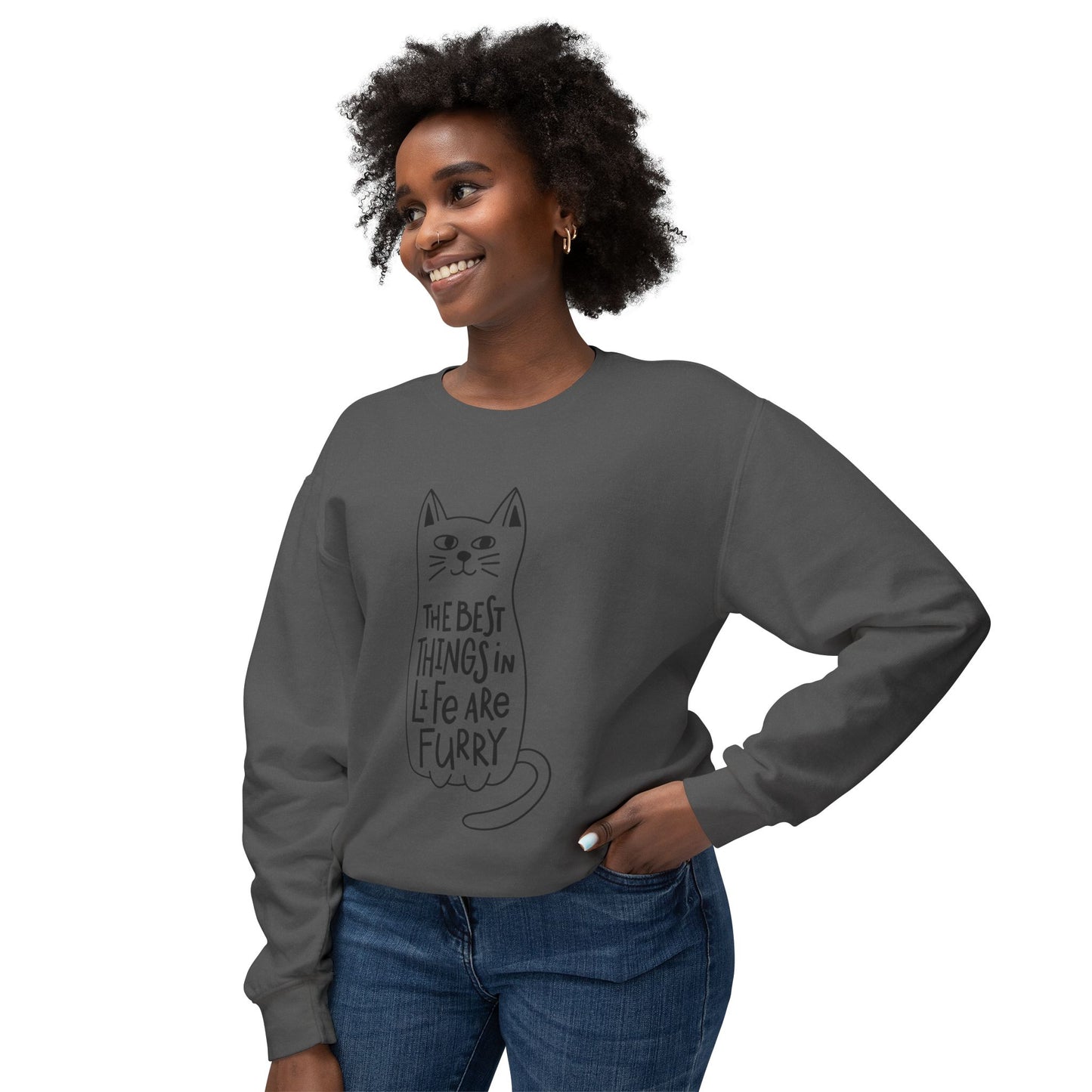Cat Lover Crewneck Sweatshirt — "The Best Things in Life Are Furry" Graphic