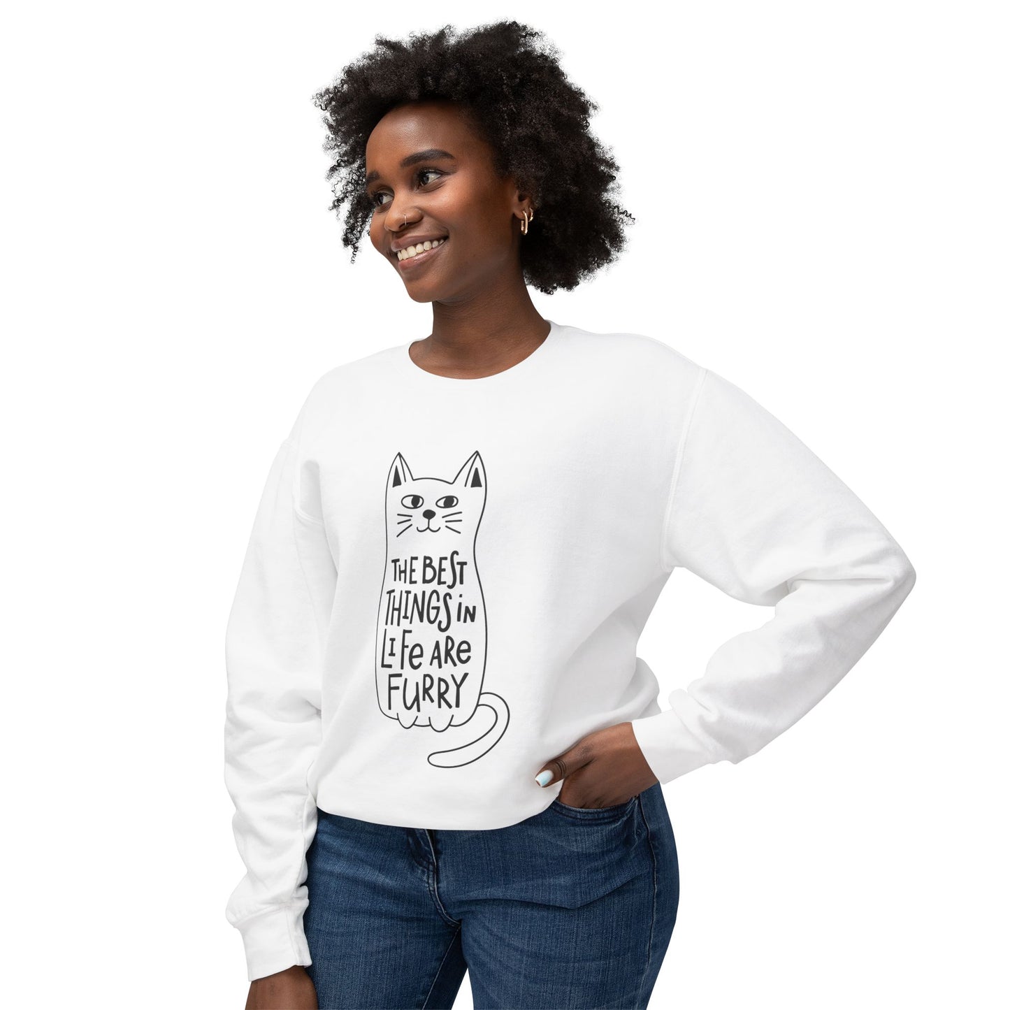 Cat Lover Crewneck Sweatshirt — "The Best Things in Life Are Furry" Graphic
