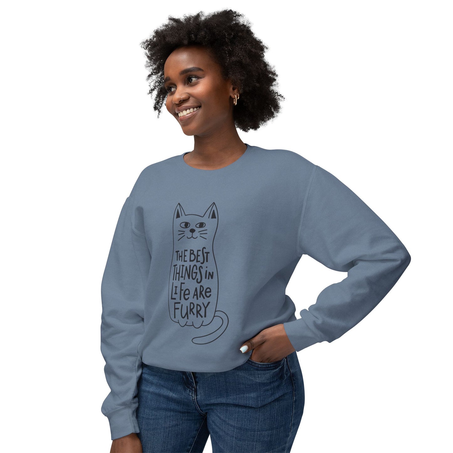 Cat Lover Crewneck Sweatshirt — "The Best Things in Life Are Furry" Graphic