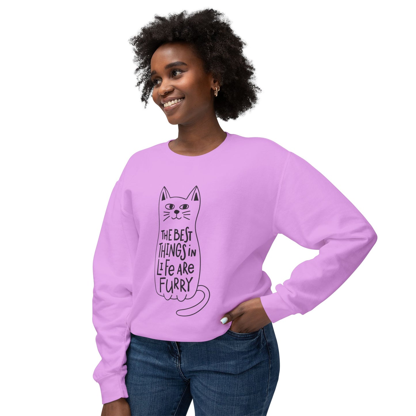 Cat Lover Crewneck Sweatshirt — "The Best Things in Life Are Furry" Graphic
