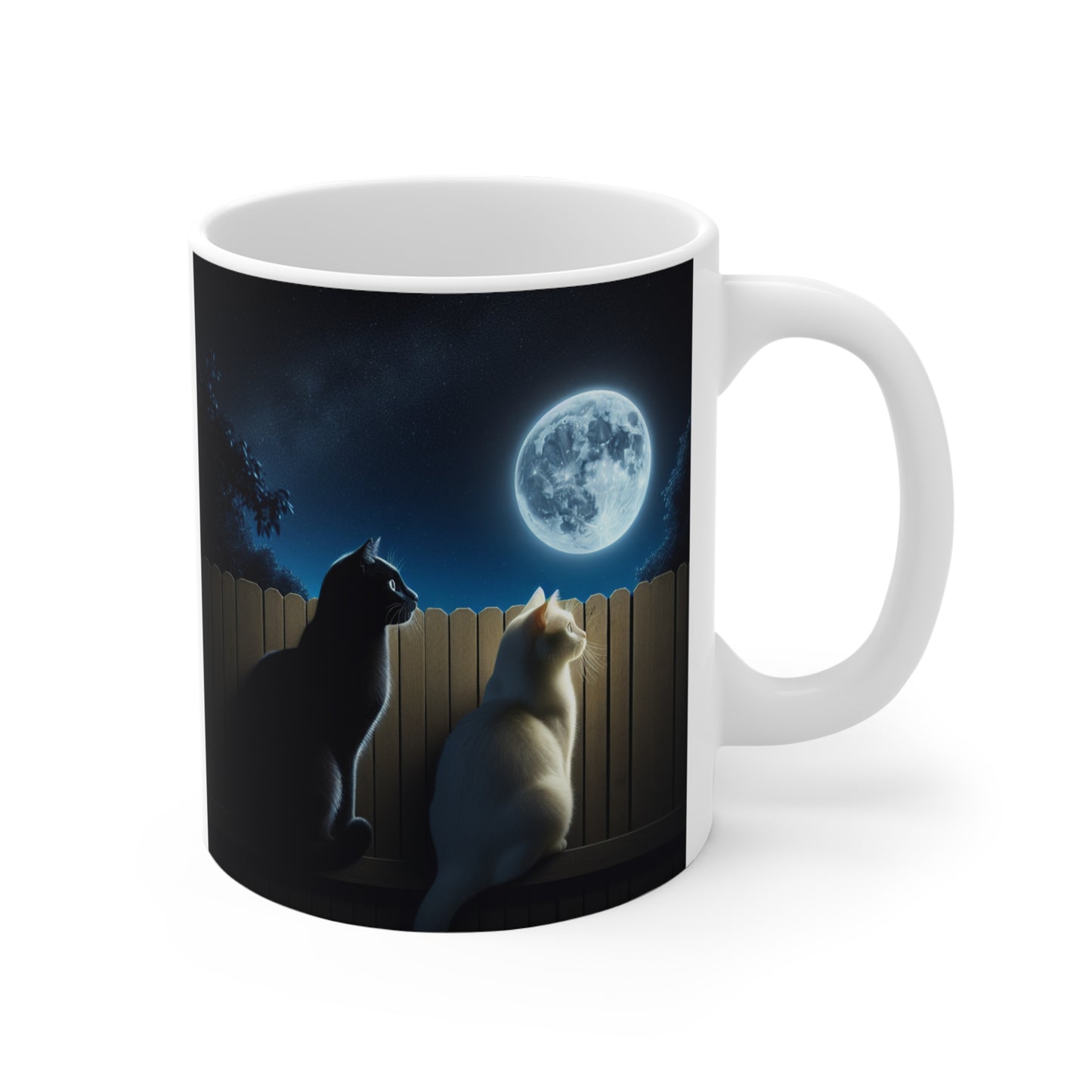 Cat Moonlight Coffee Mug — Two Cats Gazing at Full Moon 11oz