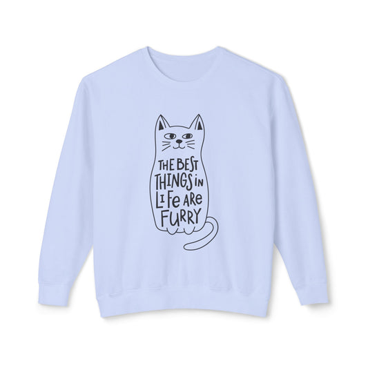 Cat Lover Crewneck Sweatshirt — "The Best Things in Life Are Furry" Graphic