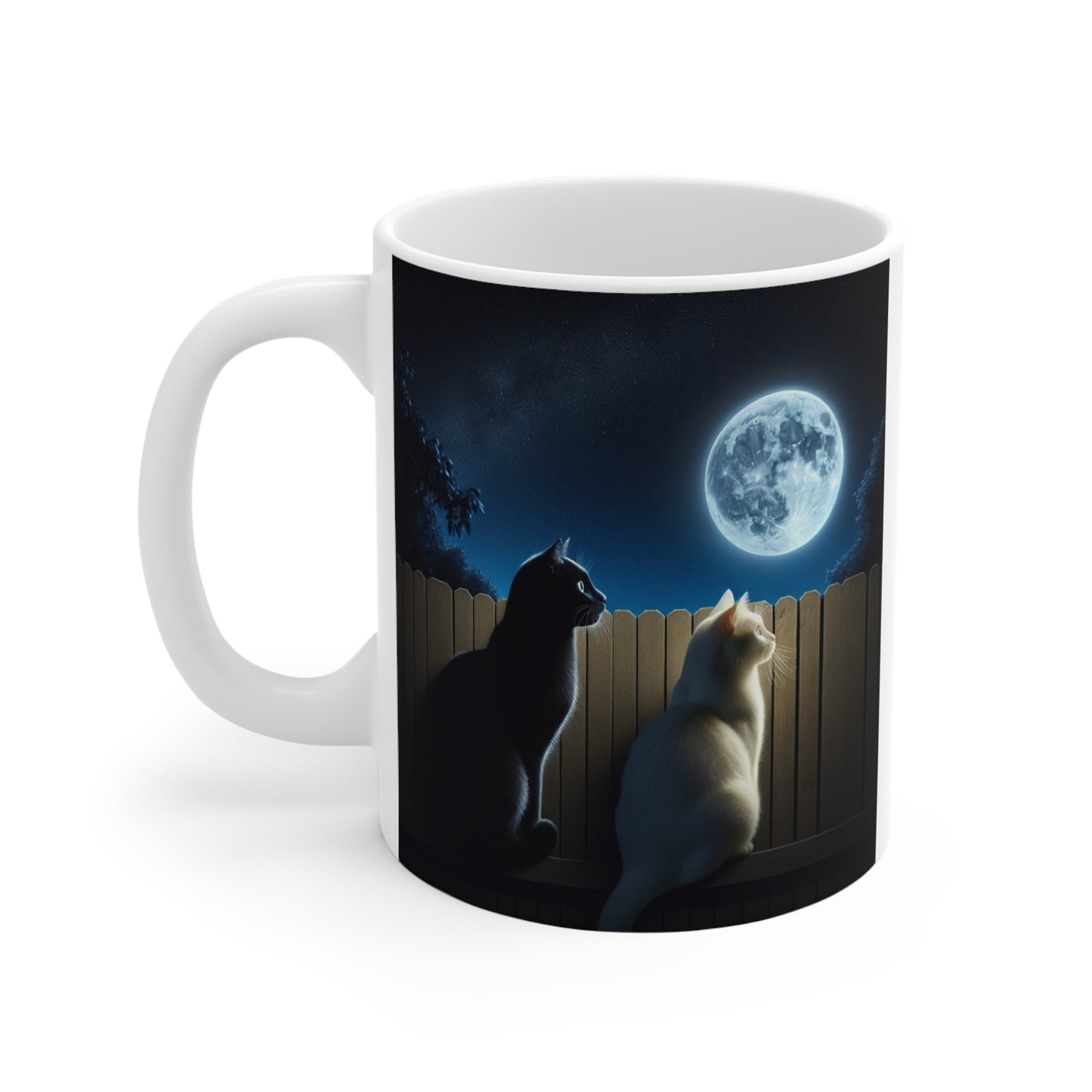 Cat Moonlight Coffee Mug — Two Cats Gazing at Full Moon 11oz