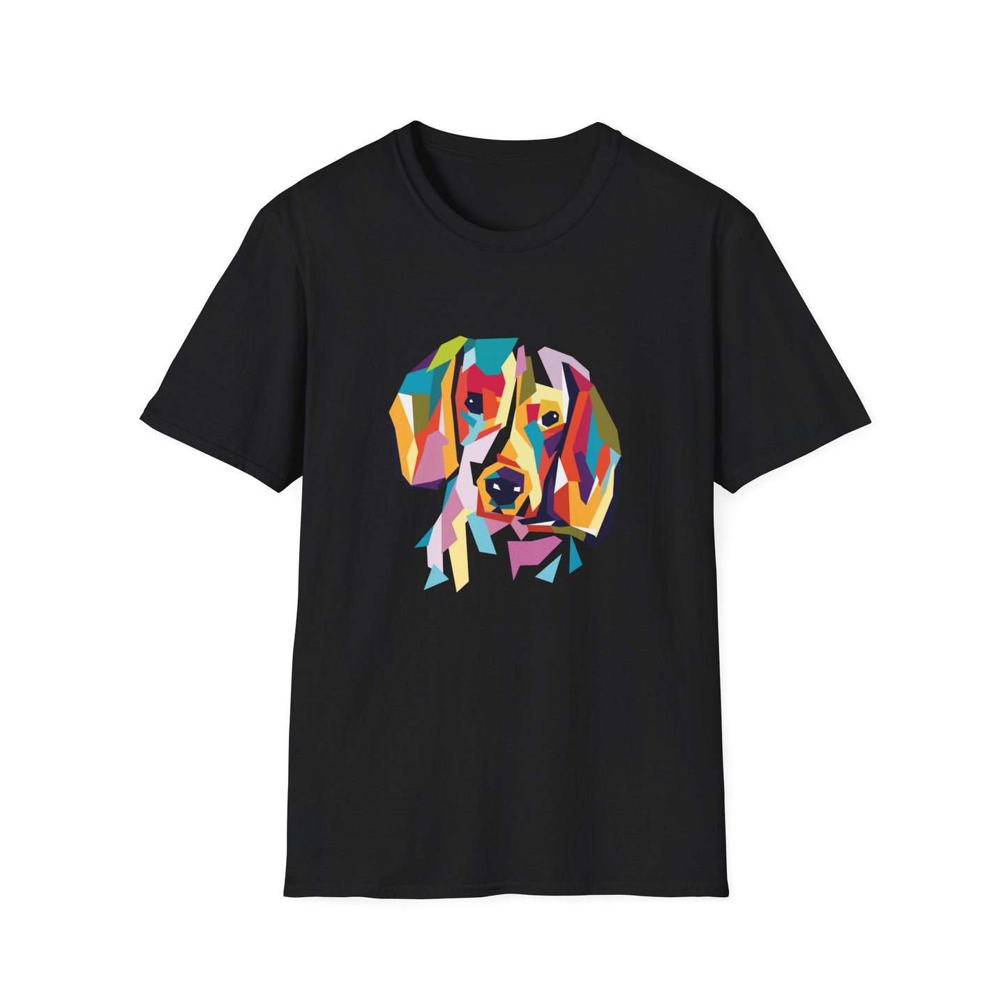 Colorful Geometric Dog T-Shirt — Vibrant Pop Art Puppy Tee