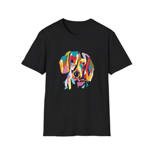 Colorful Geometric Dog T-Shirt — Vibrant Pop Art Puppy Tee