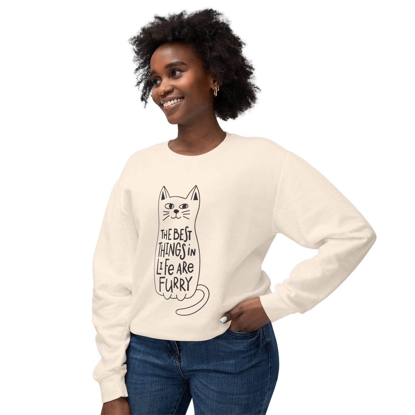 Cat Lover Crewneck Sweatshirt — "The Best Things in Life Are Furry" Graphic