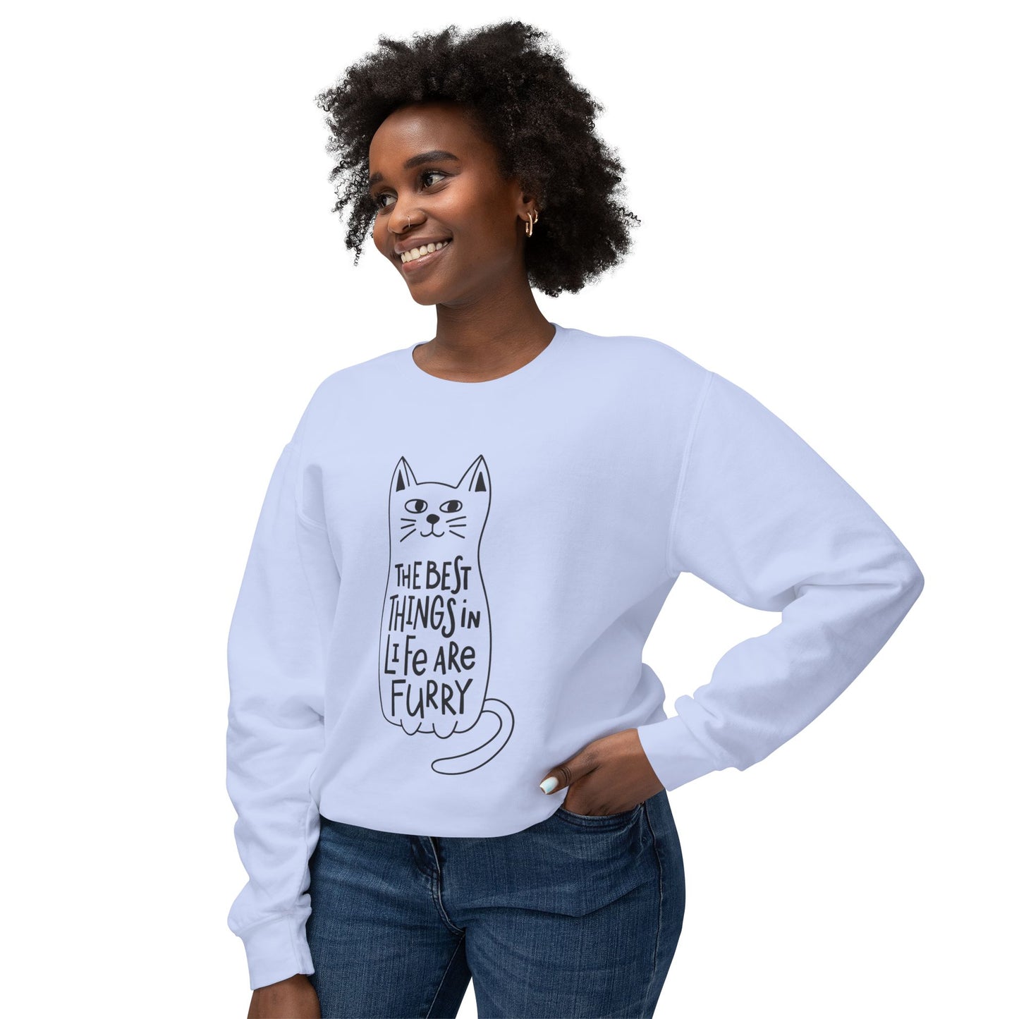 Cat Lover Crewneck Sweatshirt — "The Best Things in Life Are Furry" Graphic