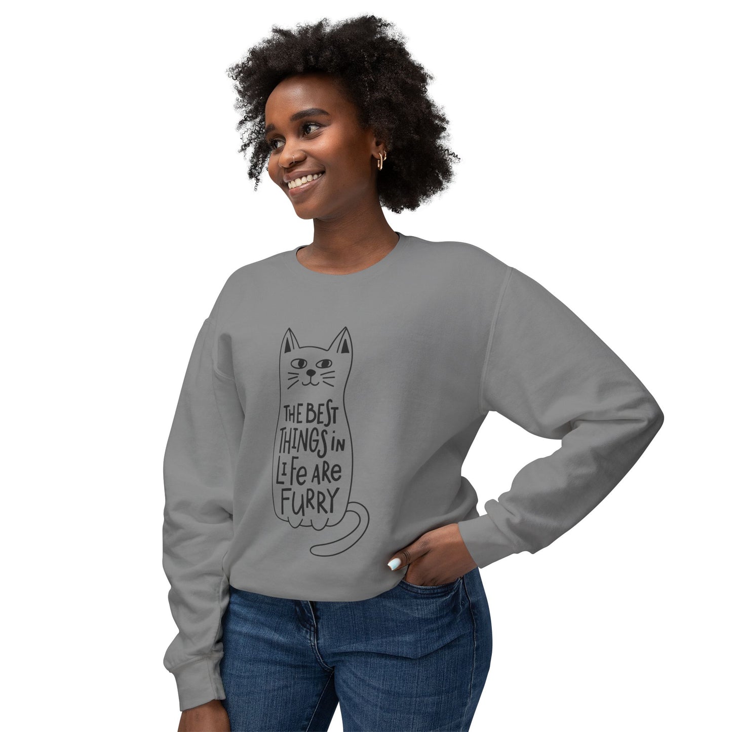 Cat Lover Crewneck Sweatshirt — "The Best Things in Life Are Furry" Graphic