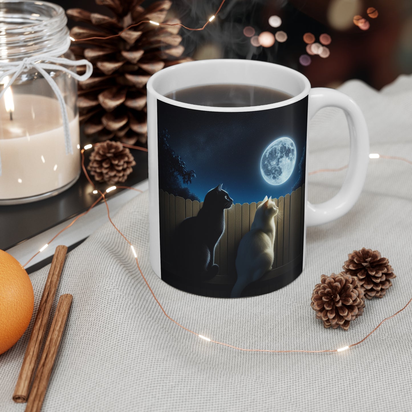Cat Moonlight Coffee Mug — Two Cats Gazing at Full Moon 11oz